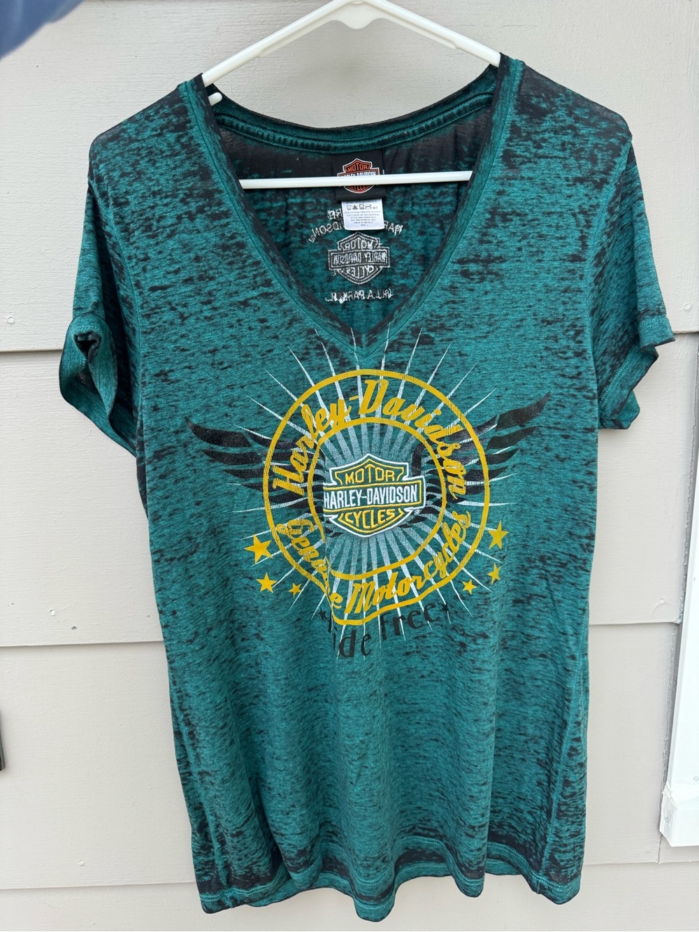 Harley-Davidson Teal Burnout V-Neck Tee with Yellow Logo